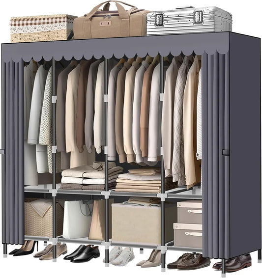 Portable Wardrobe Closet With Zippers Steel Frame 4 Shelves