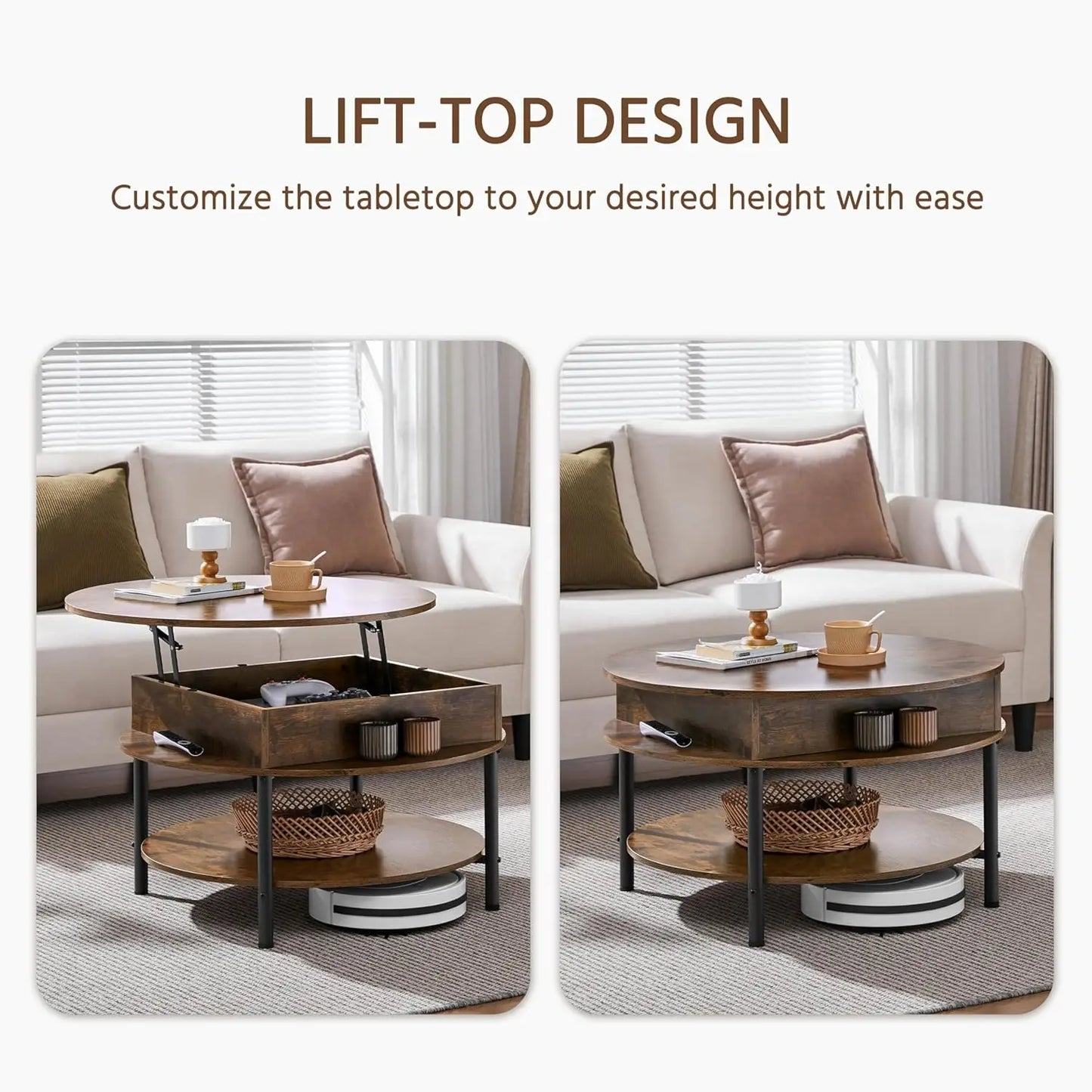 Round Lift Top Coffee Table With Hidden Compartment And Storage