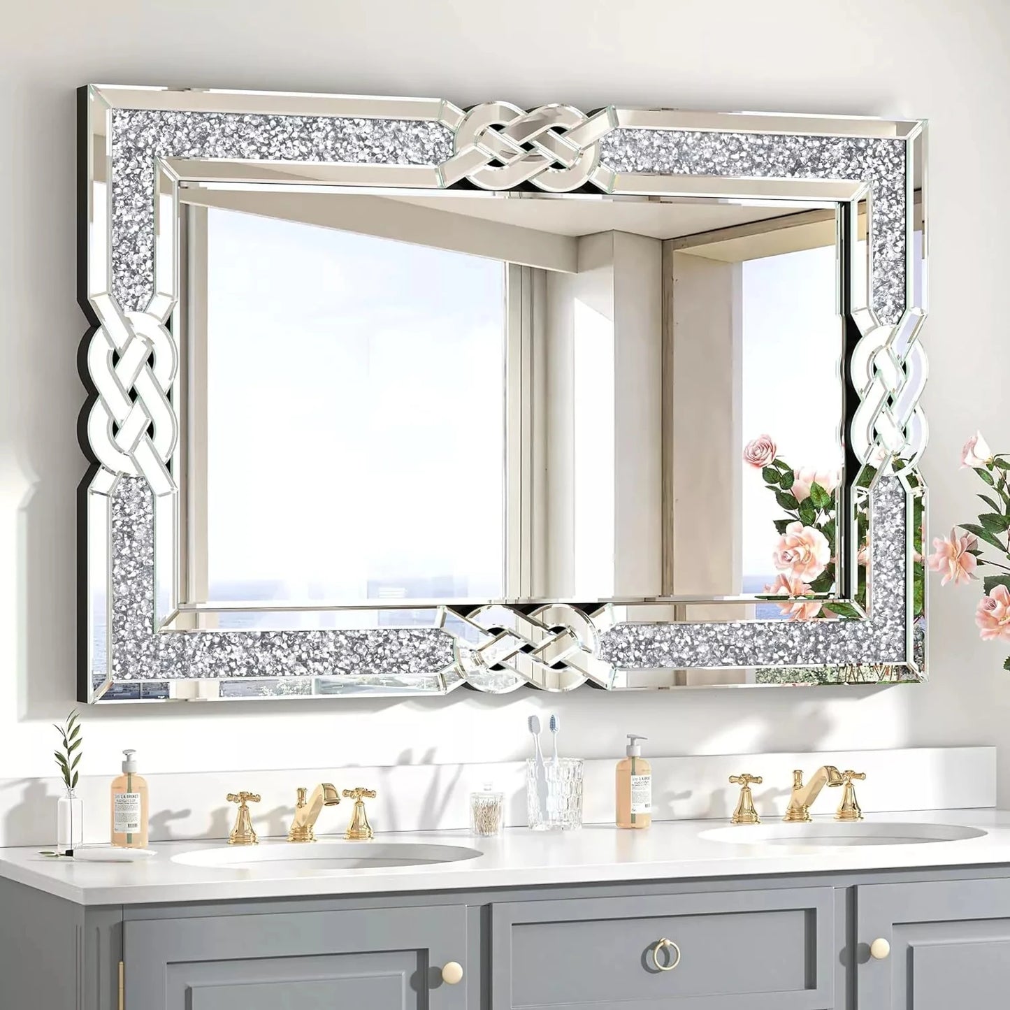Wisfor Crushed Diamond Wall Mirror With Crystal Frame Edge