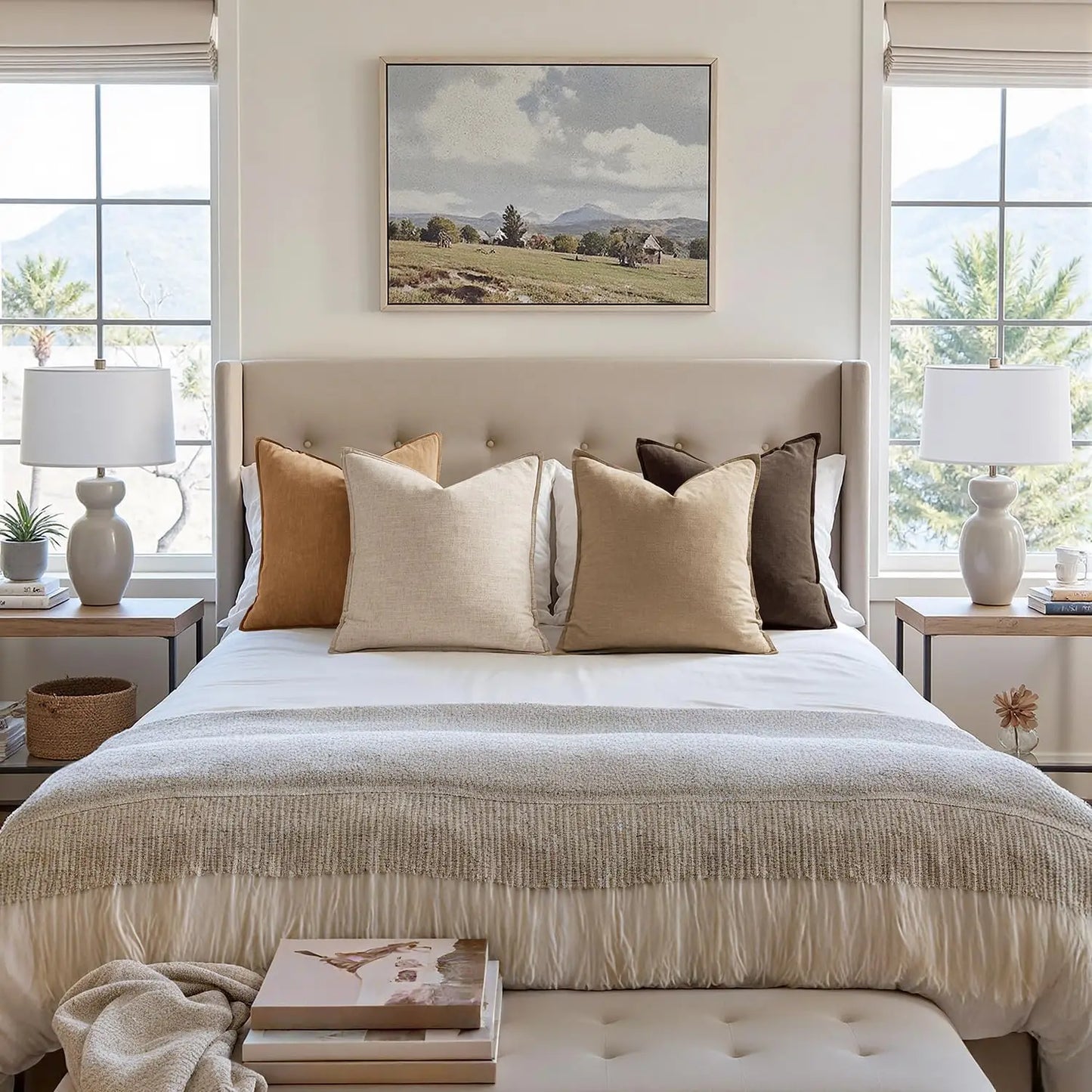 Neutral Brown Linen Pillow Covers Pack of 4, Soft Accent Boho Farmhouse Decor for Living Room Bed Sofa 20x20 Inch