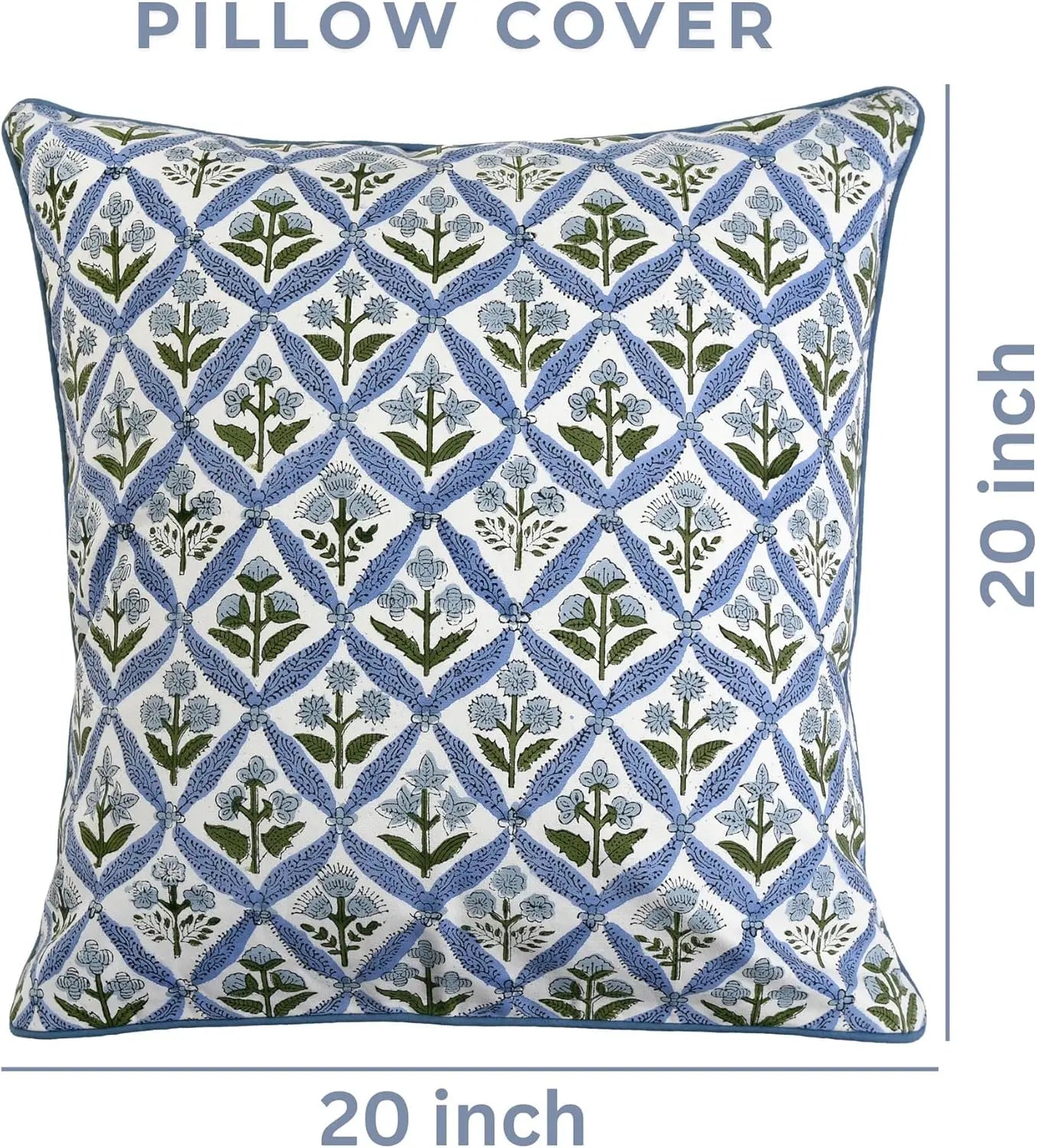 Light Steel Blue Block Print Pillow Cover 20x20 Inches Pack of 2, Decorative Boho Couch Pillows for Living Room and Outdoor Use