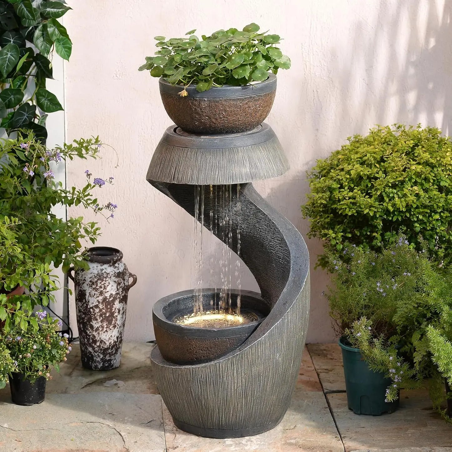 319 Inch S Shaped Outdoor Water Fountain Modern Cascading Waterfall Led Lights Planter Bowl Patio Balcony Yard Home Decor Resin