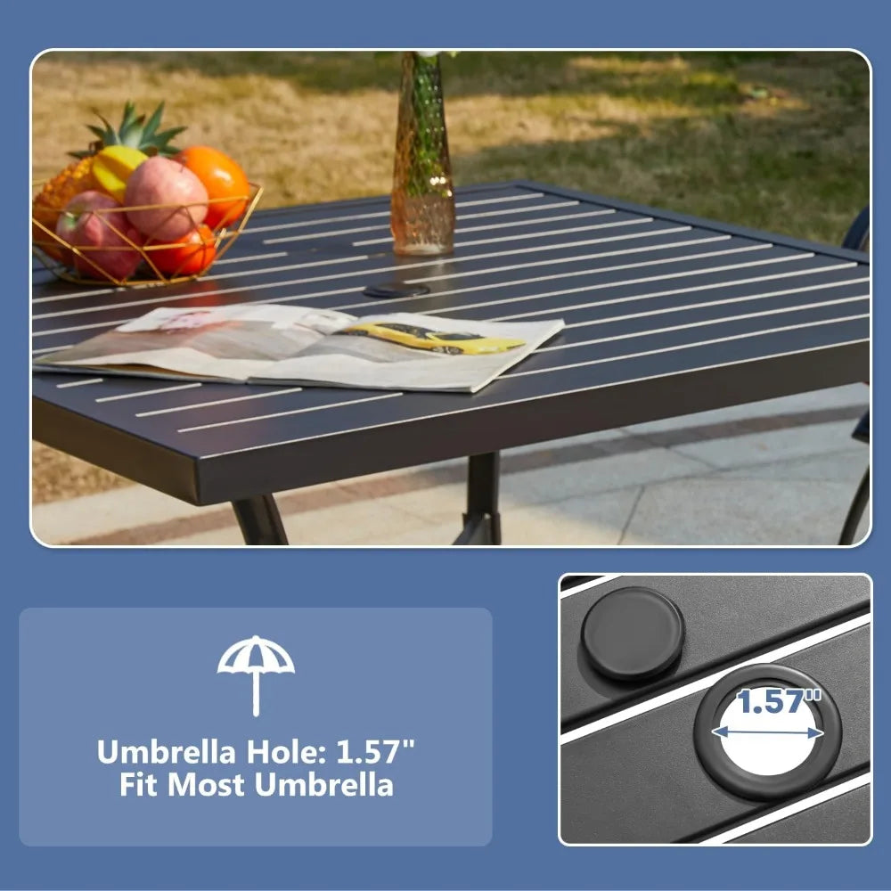 5 Pcs Outdoor Dining Set, 4 Swivel Rocker Chairs with Thick Cushions & Square Dining Table with Umbrella Hole, Patio Furniture