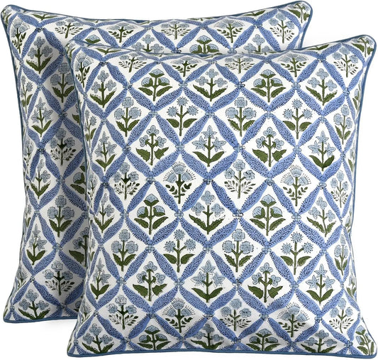 Light Steel Blue Block Print Pillow Cover 20x20 Inches Pack of 2, Decorative Boho Couch Pillows for Living Room and Outdoor Use