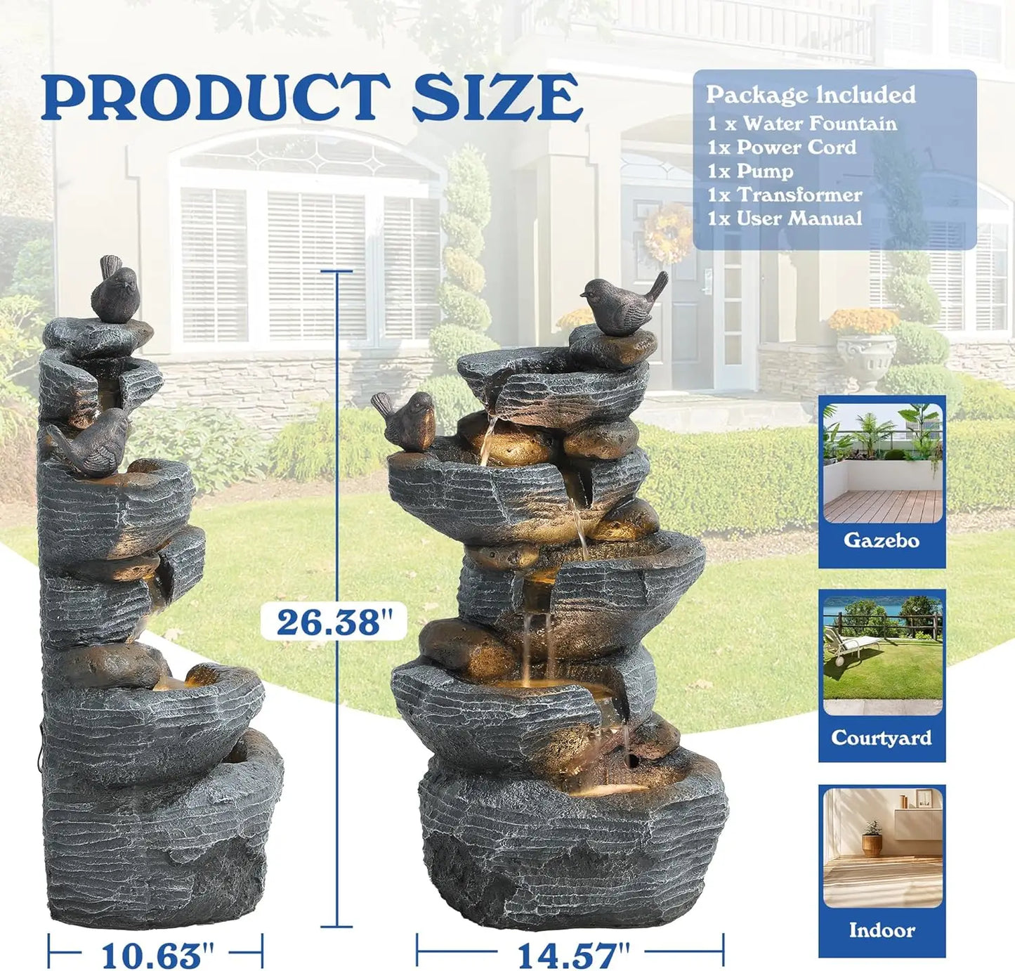 5-Tiers Cascading Rock Water Fountain Outdoor - Waterfalls Fountains with LED Lights, Outdoor/Indoor Resin Water Feature Fountai