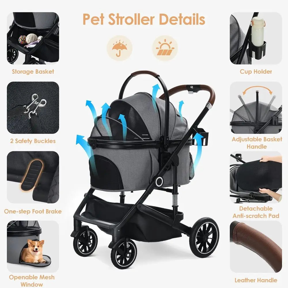4-Wheel Folding Pet Stroller for Small/Medium Dogs & Cats up to 50lbs, Lightweight Travel Carrier with Detachable Cushion