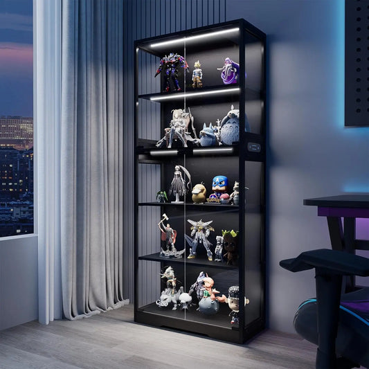 5-Tier Display Cabinet, Bookcase with Glass Doors, Dimming LED Lights & Motion Sensor, for Collectible Figures, Customized