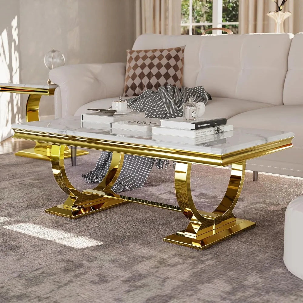 Coffee Table With Double U Base And Textured Desktop