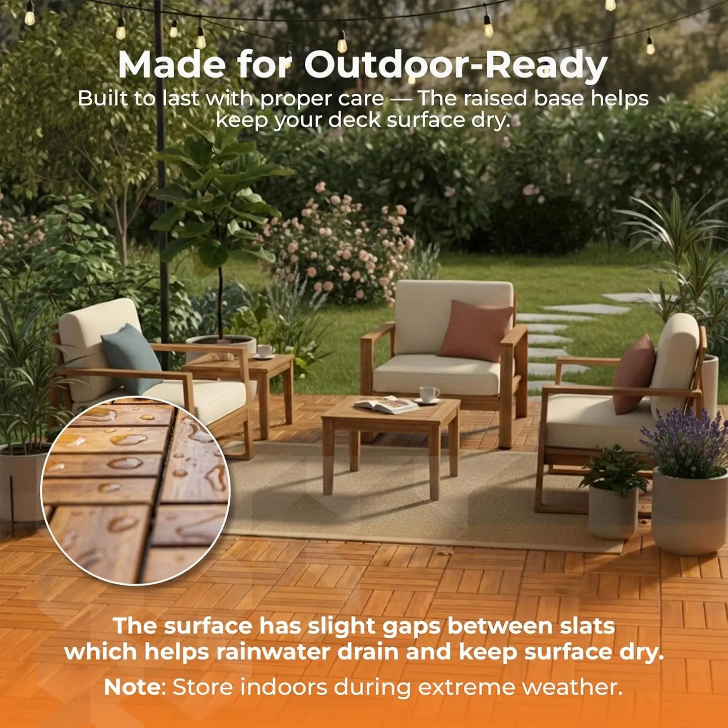 Interlocking Slat Deck Tiles 12'x12'– Stylish Patio Tiles for Outdoor Flooring–Durable Acacia Wood