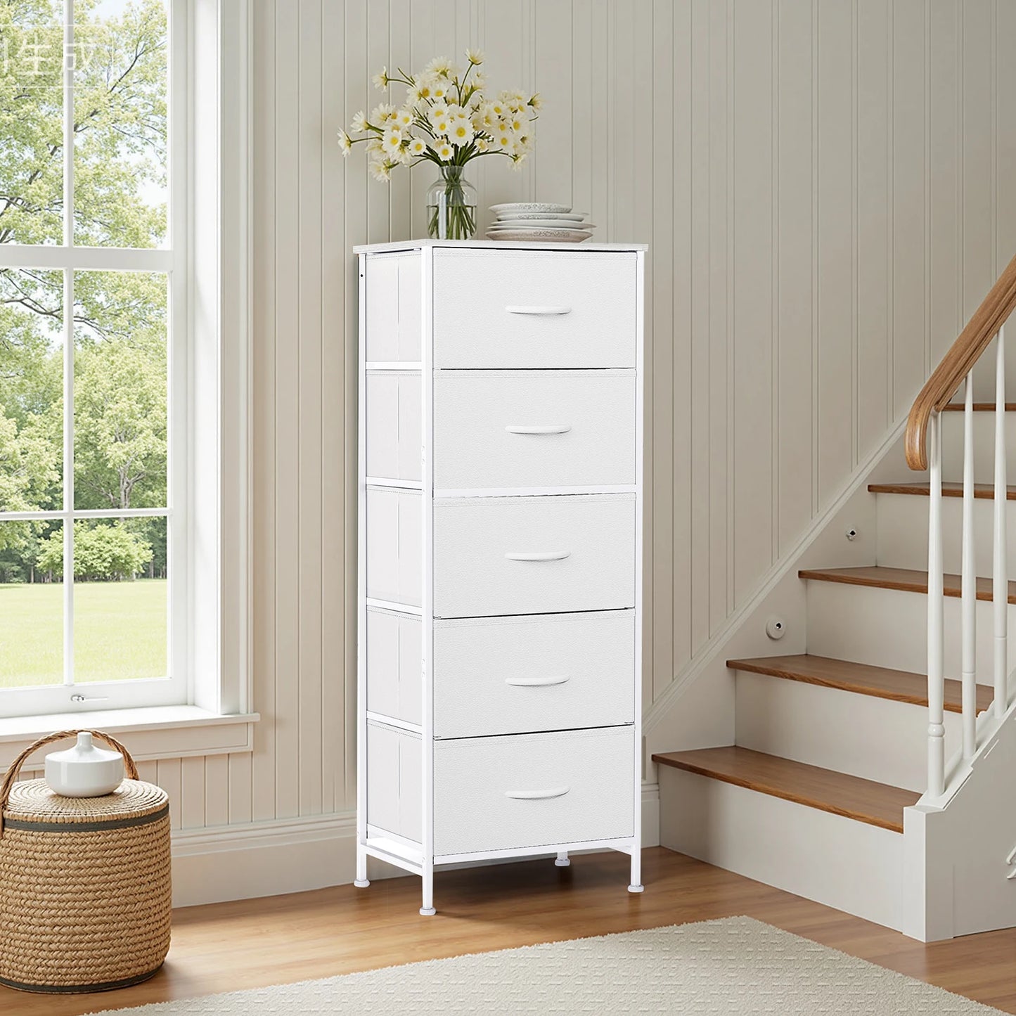 JHK Five Fabric Drawers Bedroom Dresser With Steel Frame