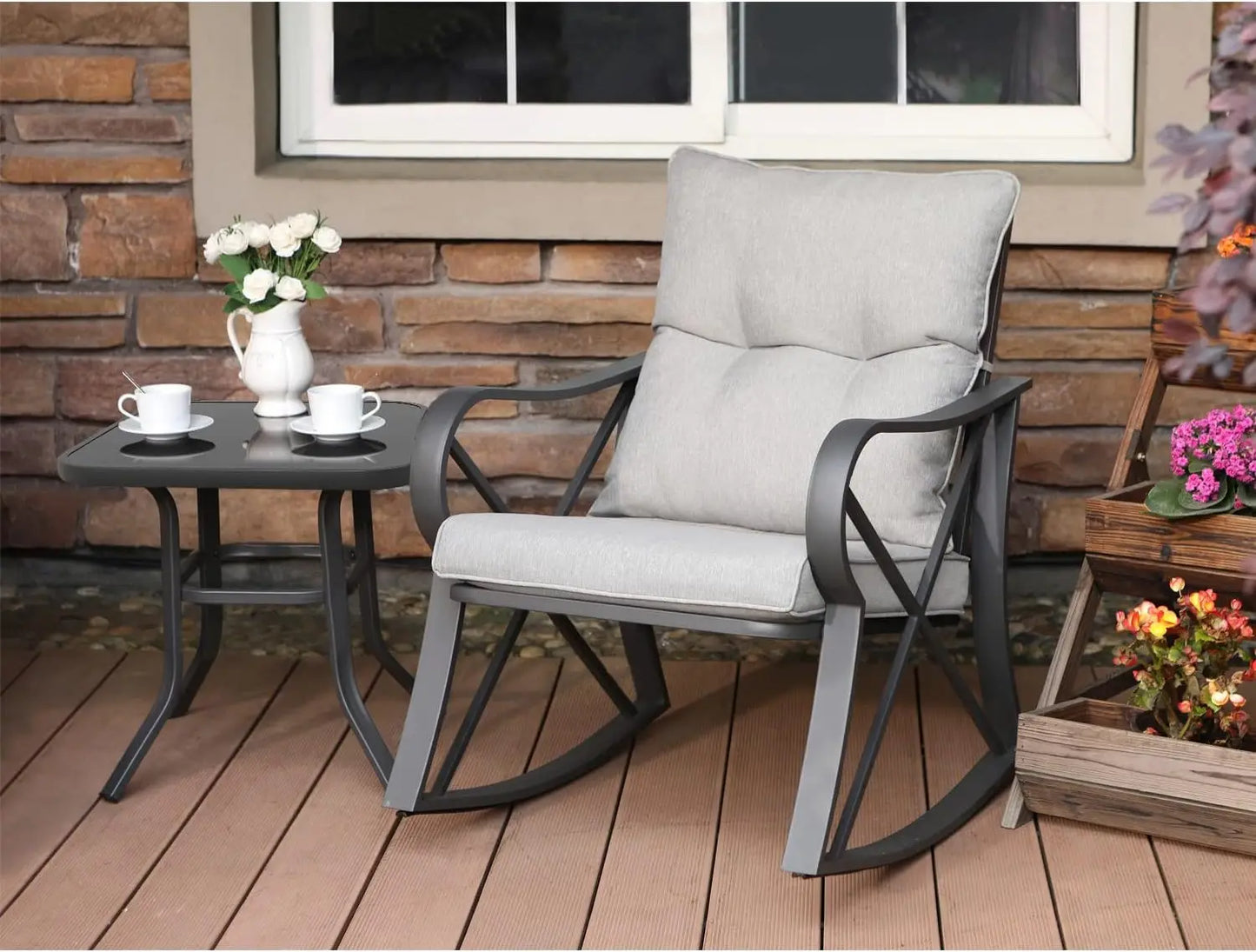 3-Piece Patio Rocking Chair Set with Gray Cushions and Glass Table for Garden, Pool, Backyard