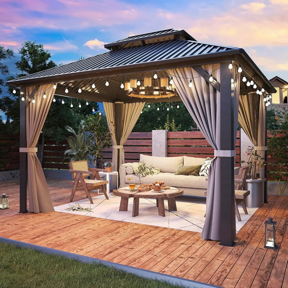 Hardtop Gazebo Aluminum Frame Double Galvanized Steel Roof Curtain & Netting Patio Backyard Deck Outdoor Canopy, Custom
