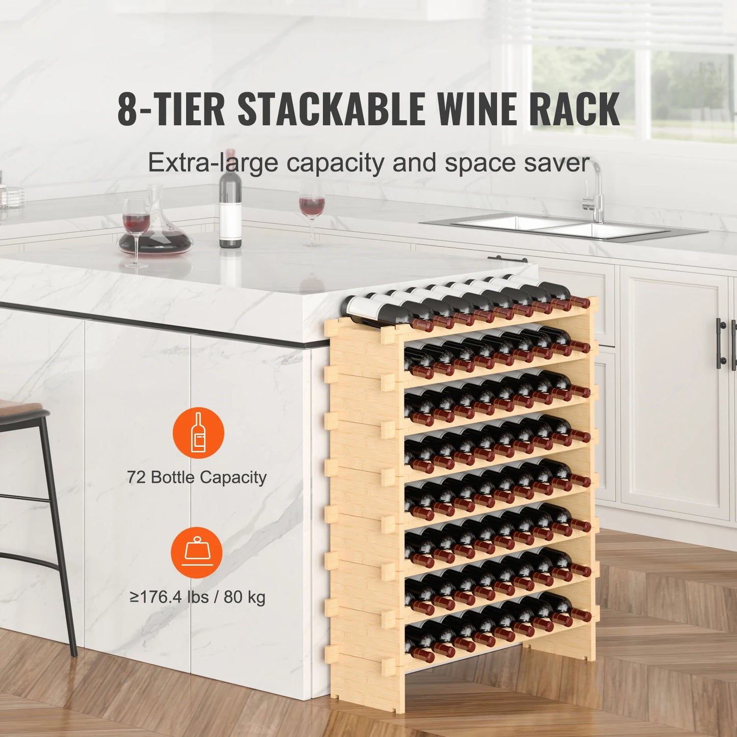 SucceBuy 8-Tier Bamboo Stackable Wine Rack Free Standing Storage