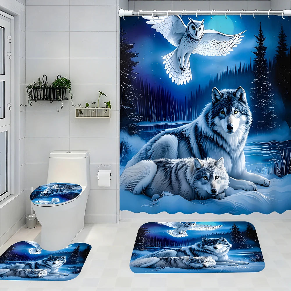 Snow Wolf Bathroom Four-piece Set - Avant-garde Waterproof Shower Curtain, creating a complete bathroom kit
