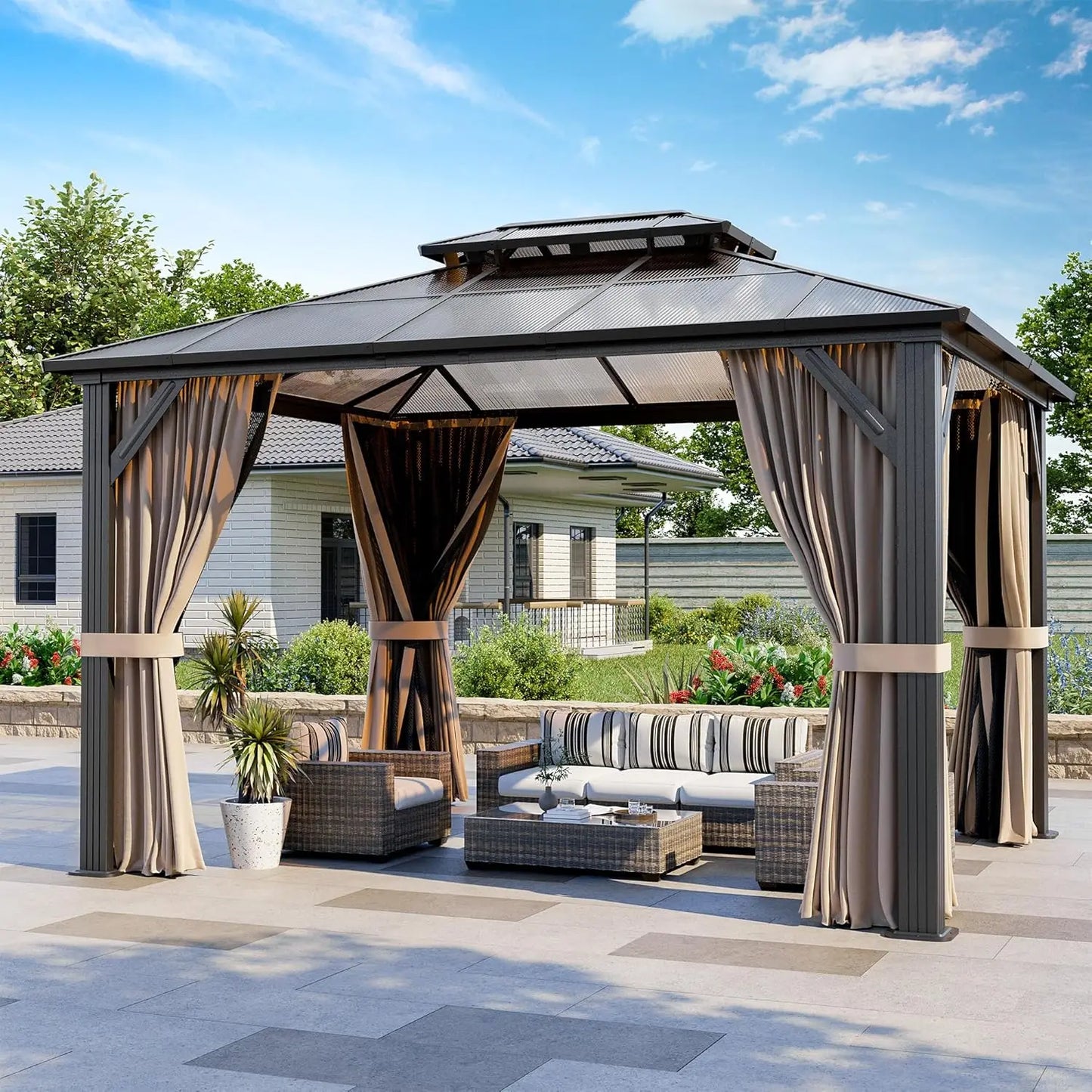 Hardtop Gazebo Aluminum Frame Double Galvanized Steel Roof Curtain & Netting Patio Backyard Deck Outdoor Canopy, Custom
