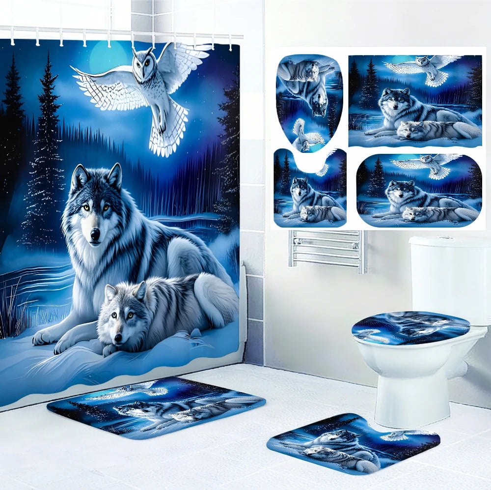 Snow Wolf Bathroom Four-piece Set - Avant-garde Waterproof Shower Curtain, creating a complete bathroom kit