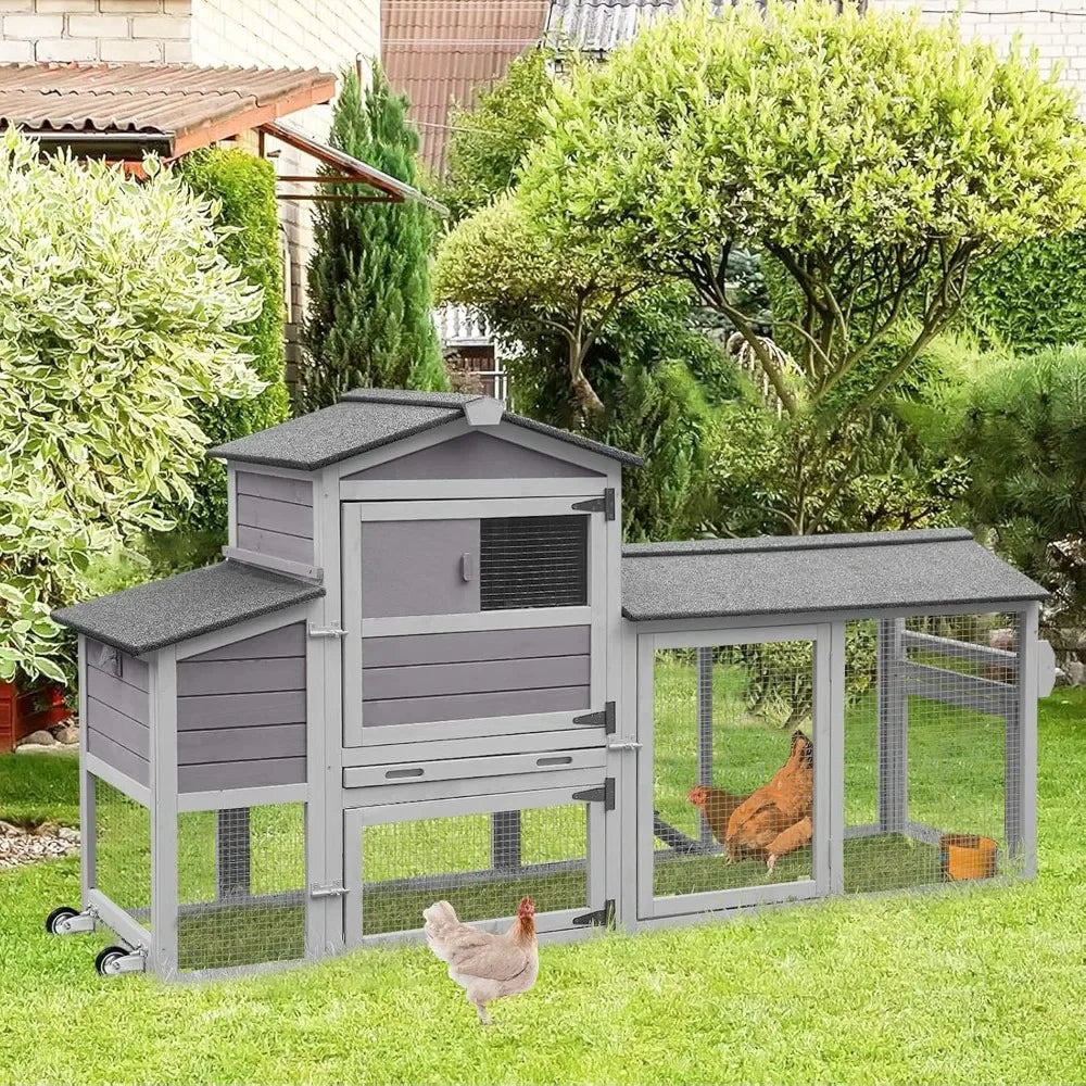 80in Chicken Coop with Wheels, Expandable Large Waterproof Chicken House for Outdoor with Nesting Box, Leakproof Pull-on Tray