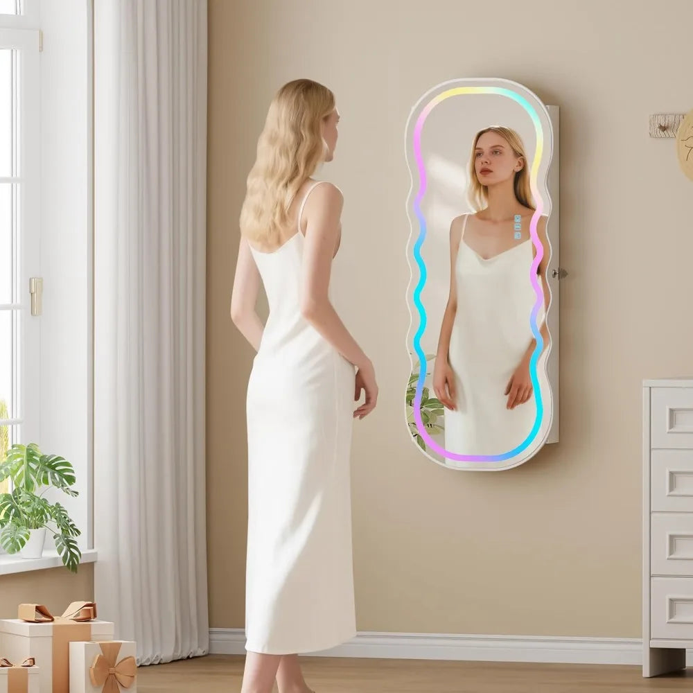RGB Lighted Mirror Jewelry Cabinet With LED Storage And Mounting