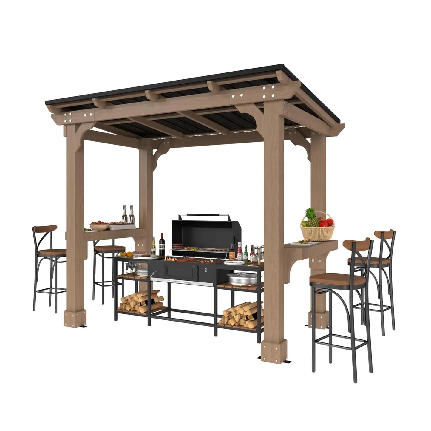 Wooden Grill Gazebo Sloping Metal Hard Top 2 Side Shelves Outdoor Patio Lawn Garden Backyard, Custom