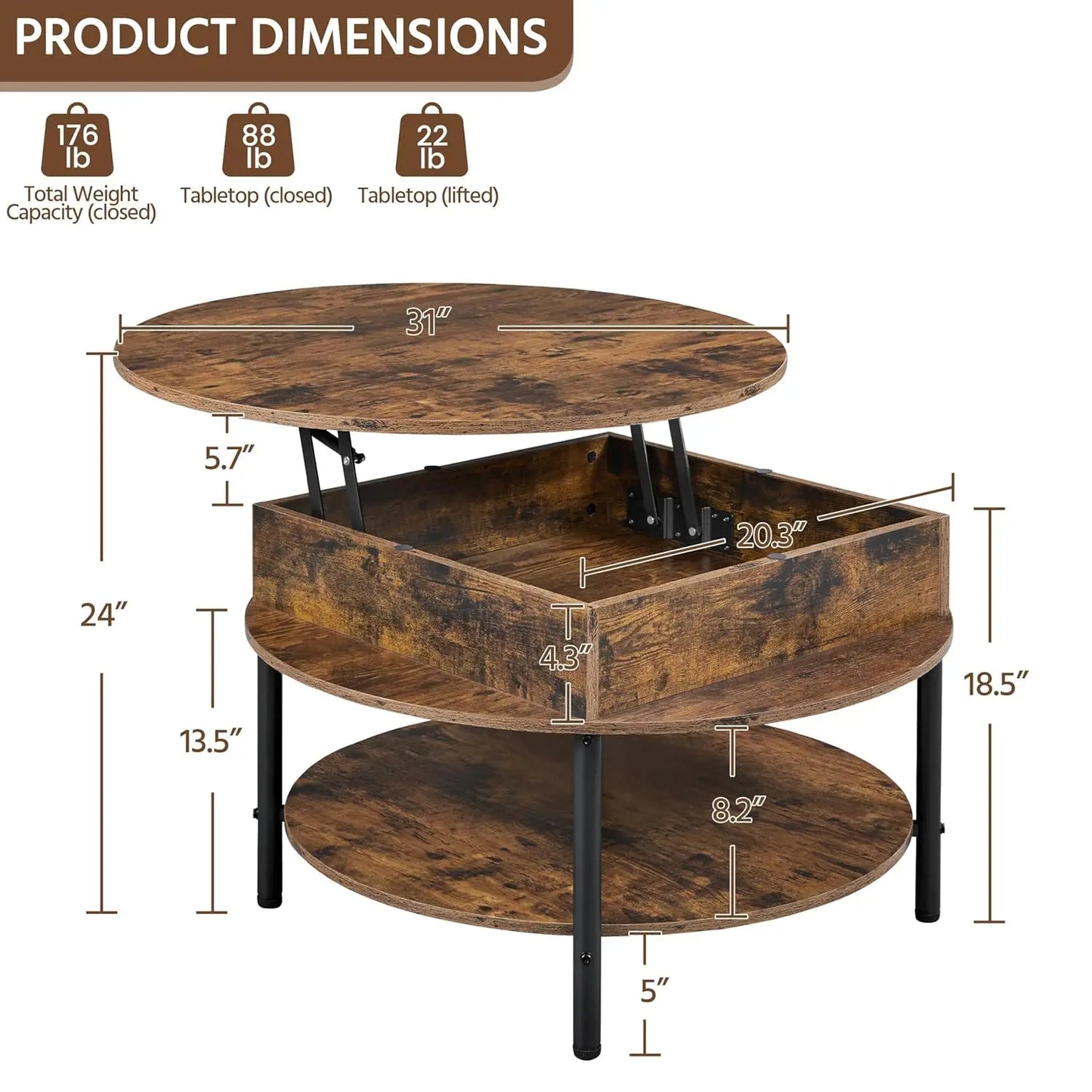 Round Lift Top Coffee Table With Hidden Compartment And Storage