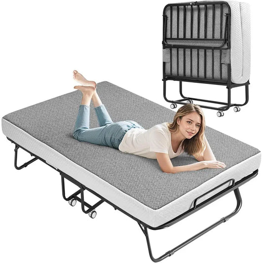 Portable Twin Size Rollaway Bed with Foam Mattress, Guest Bed, Space-Saving Design, Lockable Wheels, Easy Assembly,Customized