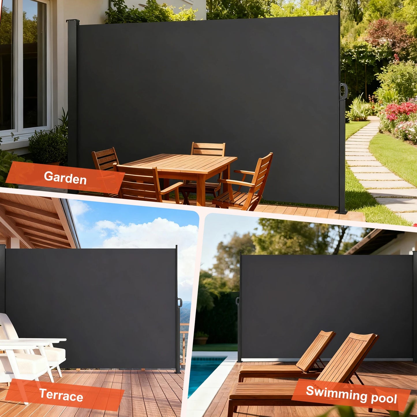 Retractable Side Awning Polyester Screen Folding Room Divider Fence Iron Base with PU Coating for Garden Backyard Terrace Indoor