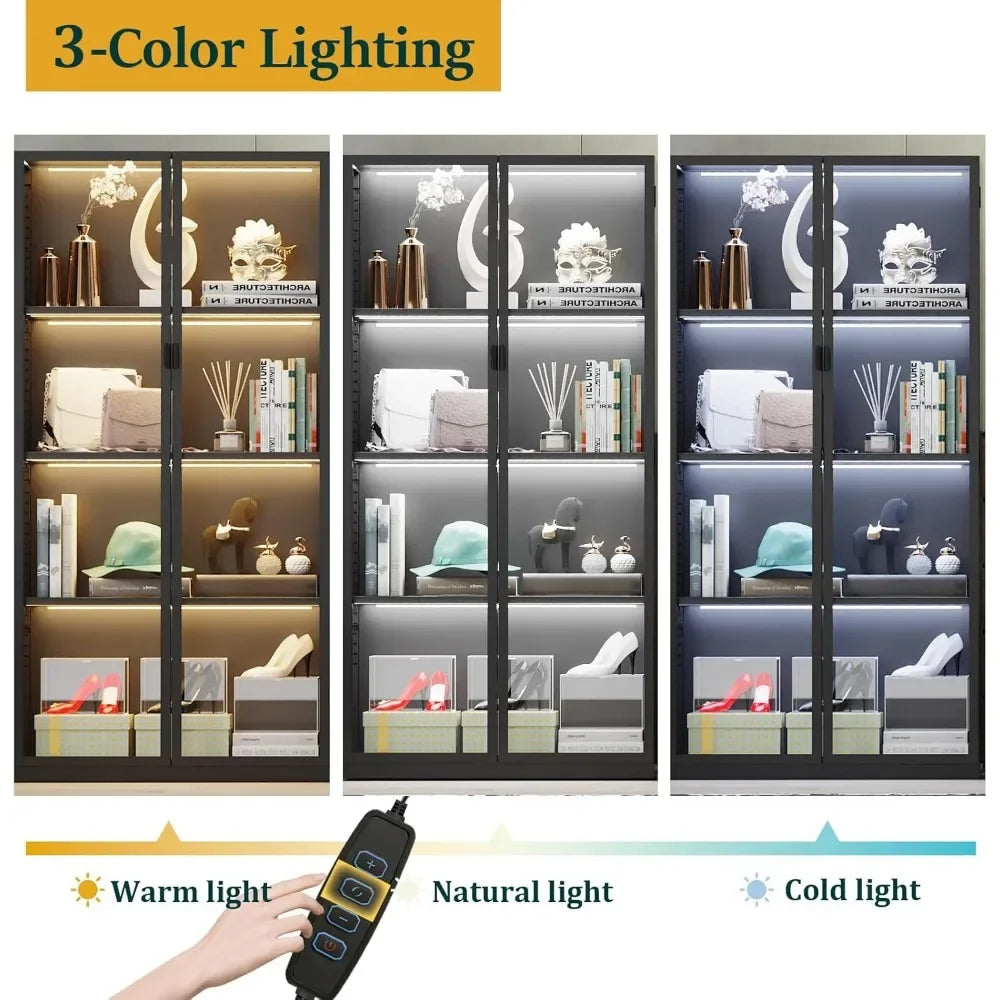Display Cabinet with Glass Doors LED Lights and Adjustable Shelves