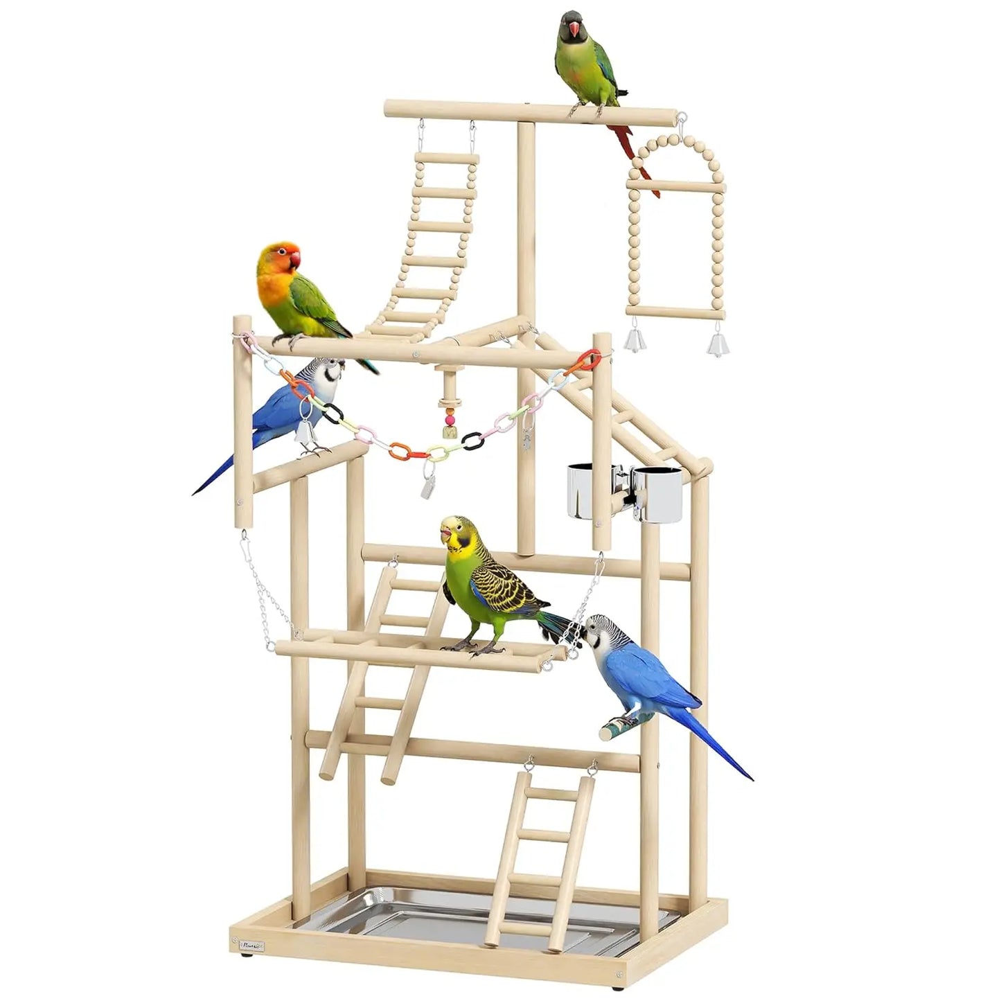 Bird Playground, 4 Layer Wooden Parrot Play Stand with Ladders, Chain Toy, Stainless Steel Cups and Tray, Bird Cage, Customized