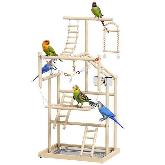 Bird Playground, 4 Layer Wooden Parrot Play Stand with Ladders, Chain Toy, Stainless Steel Cups and Tray, Bird Cage, Customized