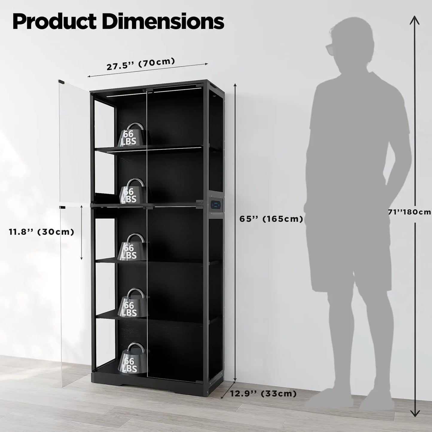 5-Tier Display Cabinet, Bookcase with Glass Doors, Dimming LED Lights & Motion Sensor, for Collectible Figures, Customized