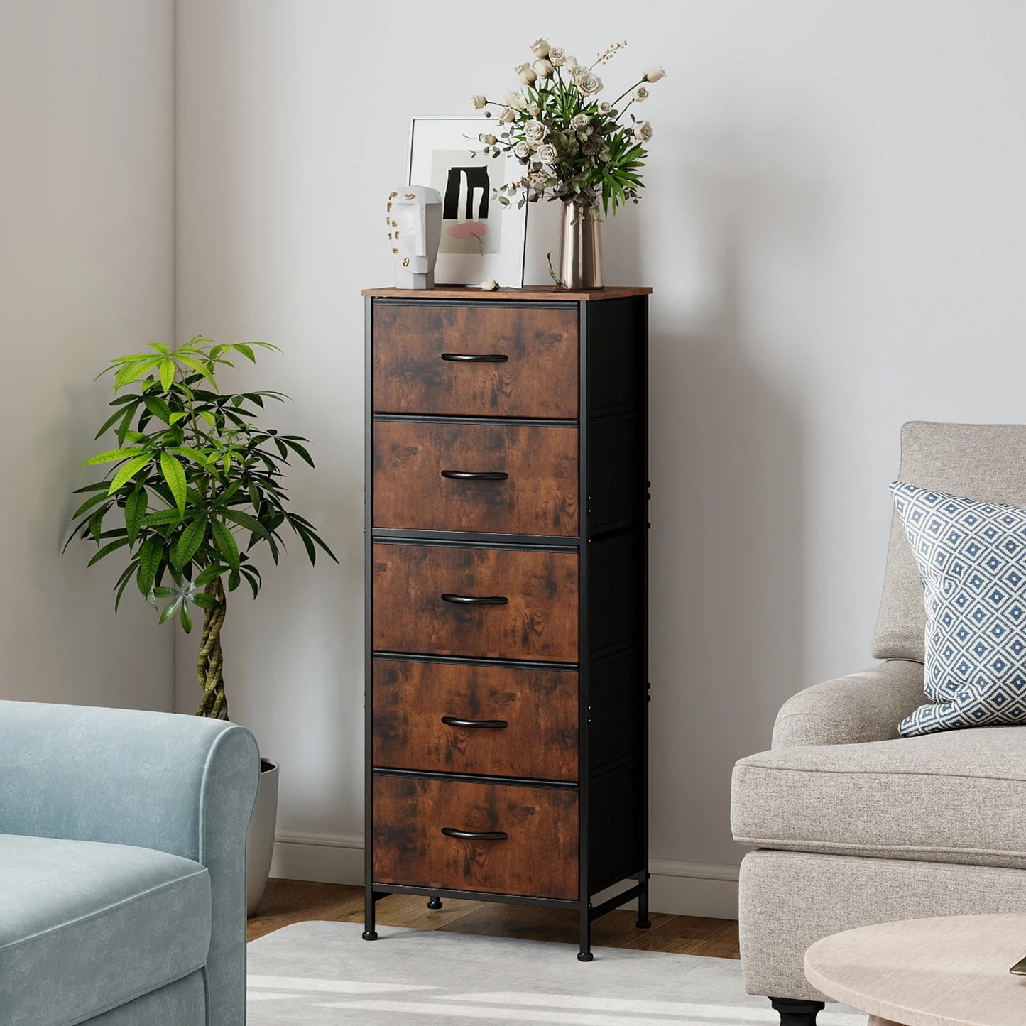 JHK Five Fabric Drawers Bedroom Dresser With Steel Frame