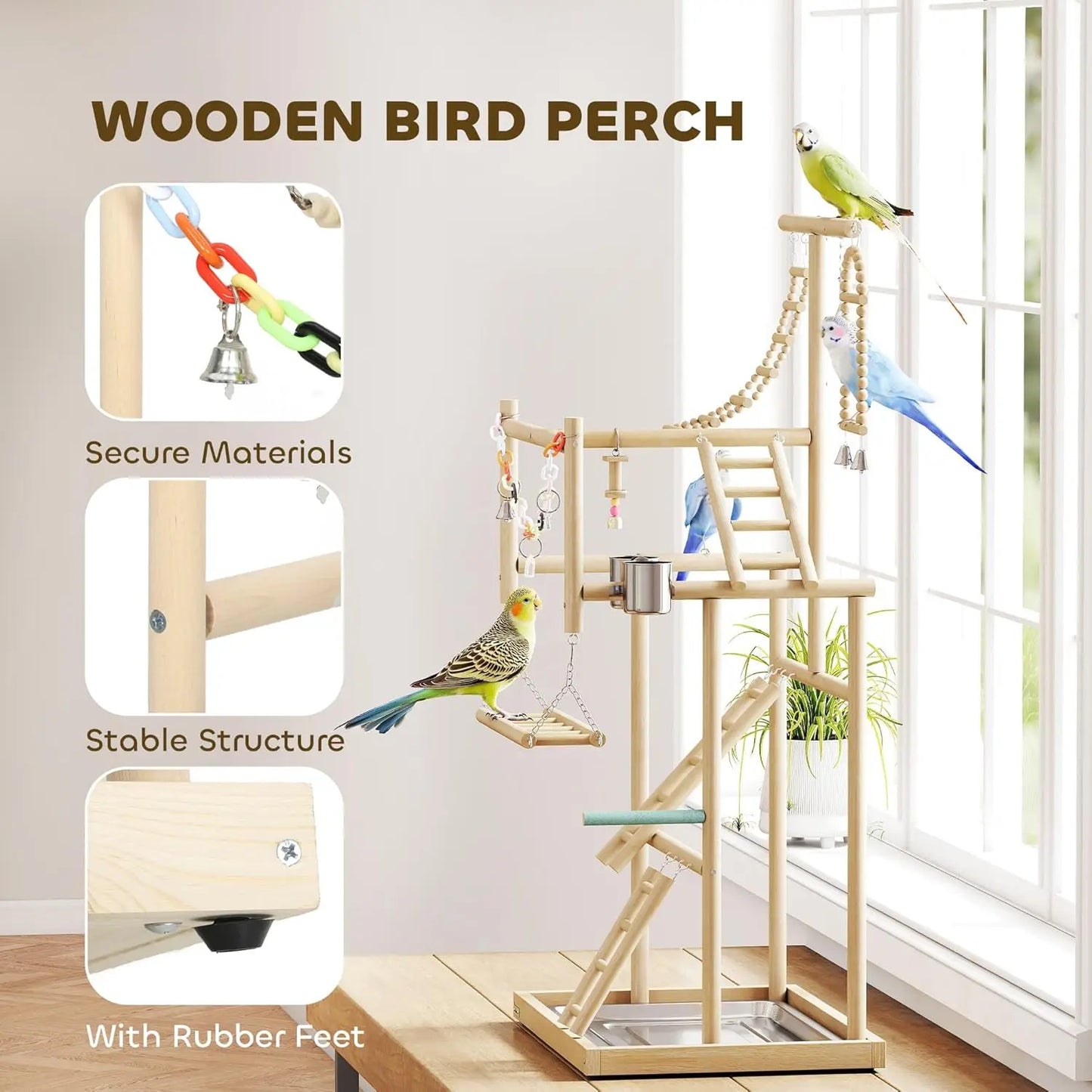 Bird Playground, 4 Layer Wooden Parrot Play Stand with Ladders, Chain Toy, Stainless Steel Cups and Tray, Bird Cage, Customized