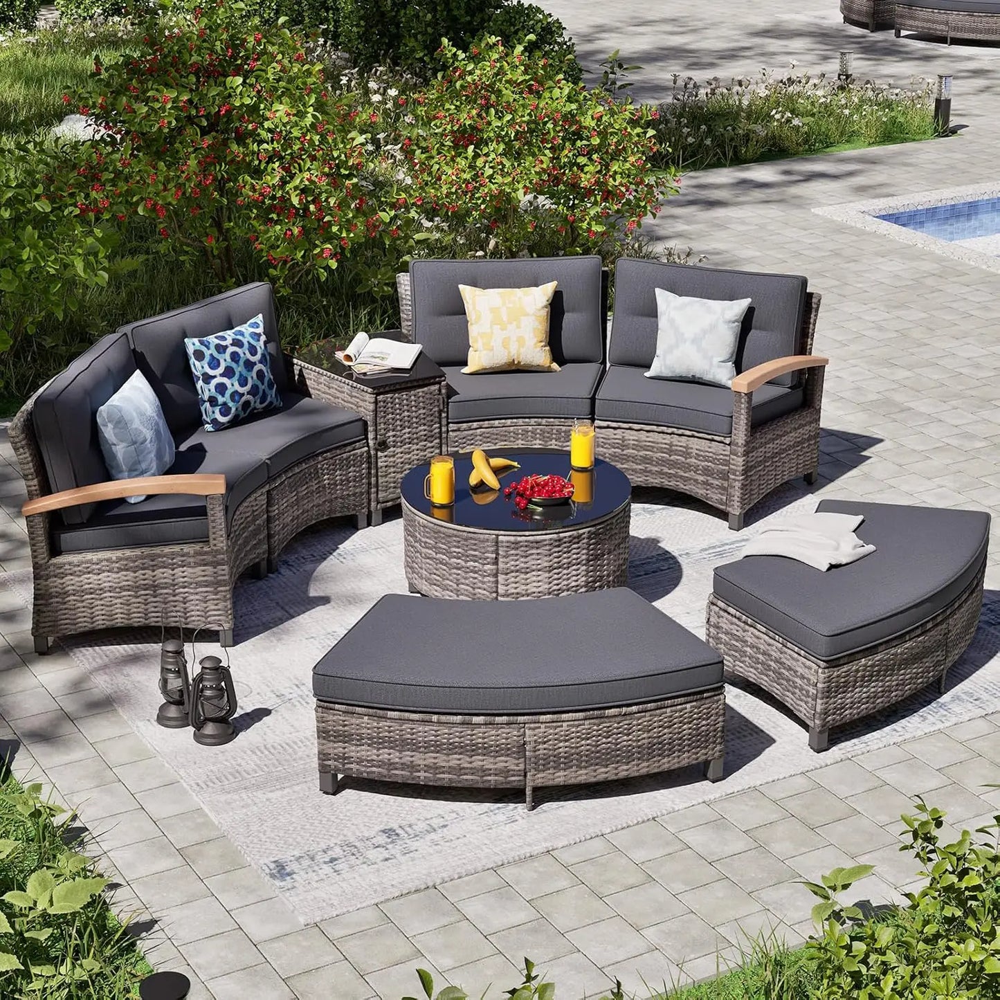 8 Piece Outdoor Patio Furniture Set, Half-Moon Curved Sectional Set With Wood Armrests, Patio Conversation Set, 2, Customized