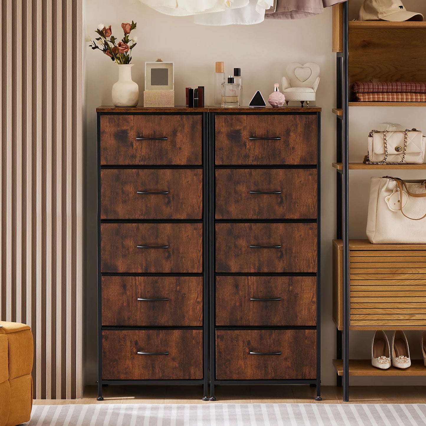 JHK Five Fabric Drawers Bedroom Dresser With Steel Frame