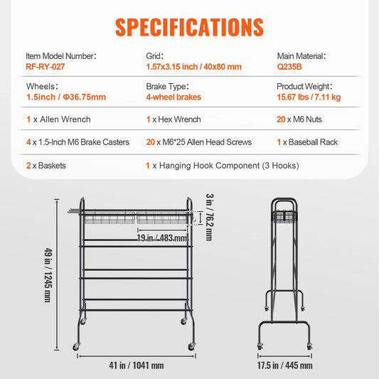 Four Layer Rolling Basketball Rack and Storage Organizer with Wheels