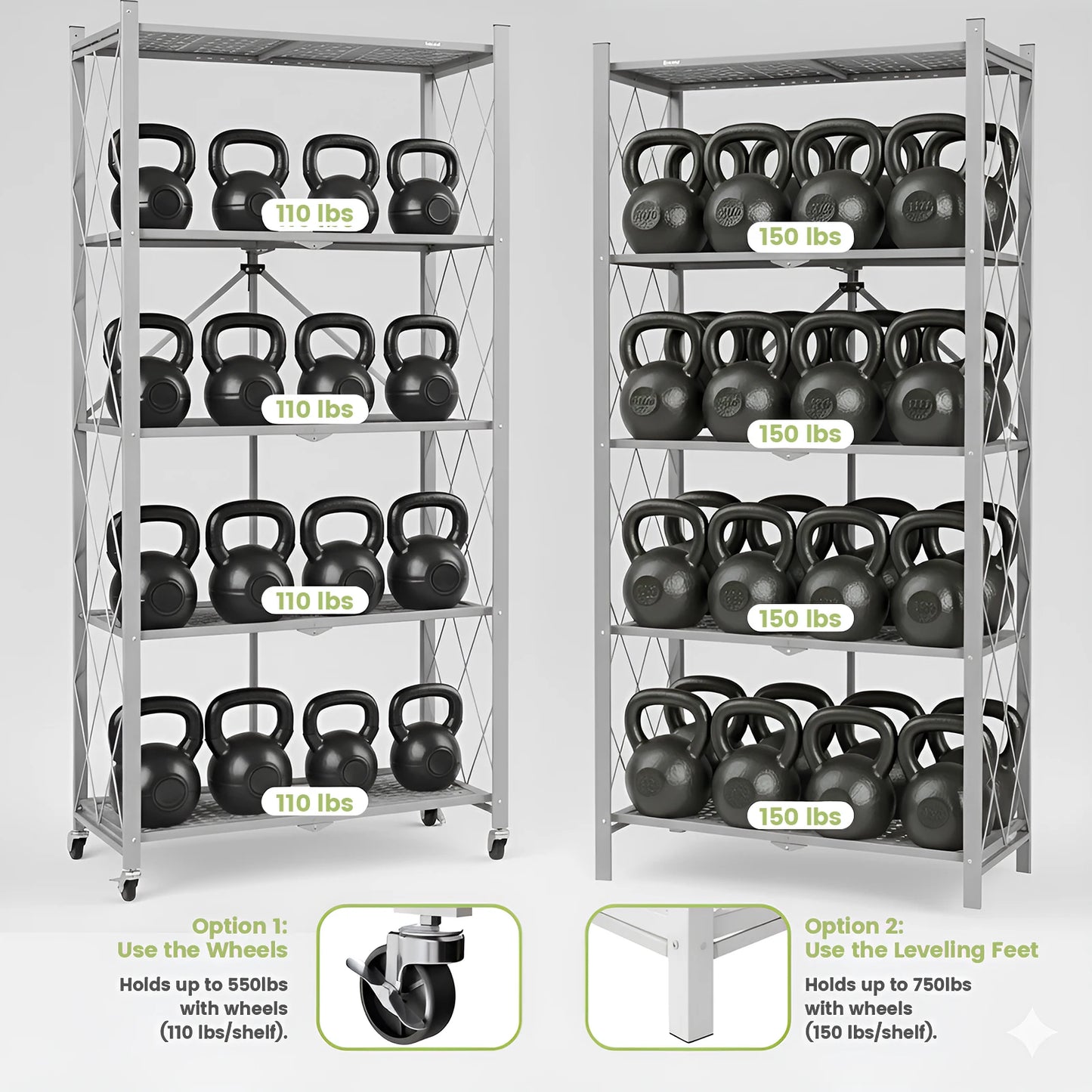 Five-Tier Foldable Storage Shelf Organizer With Wheels For Garage Kitchen