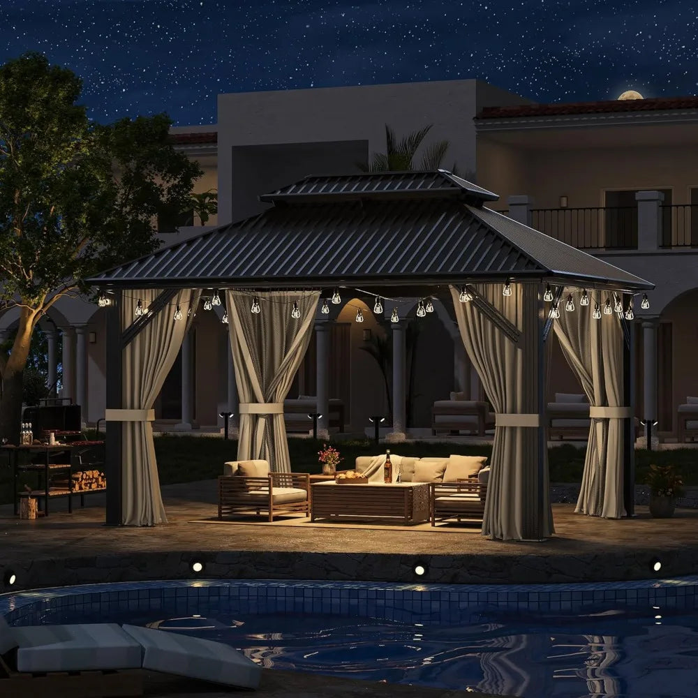 Hardtop Gazebo Aluminum Frame Double Galvanized Steel Roof Curtain & Netting Patio Backyard Deck Outdoor Canopy, Custom