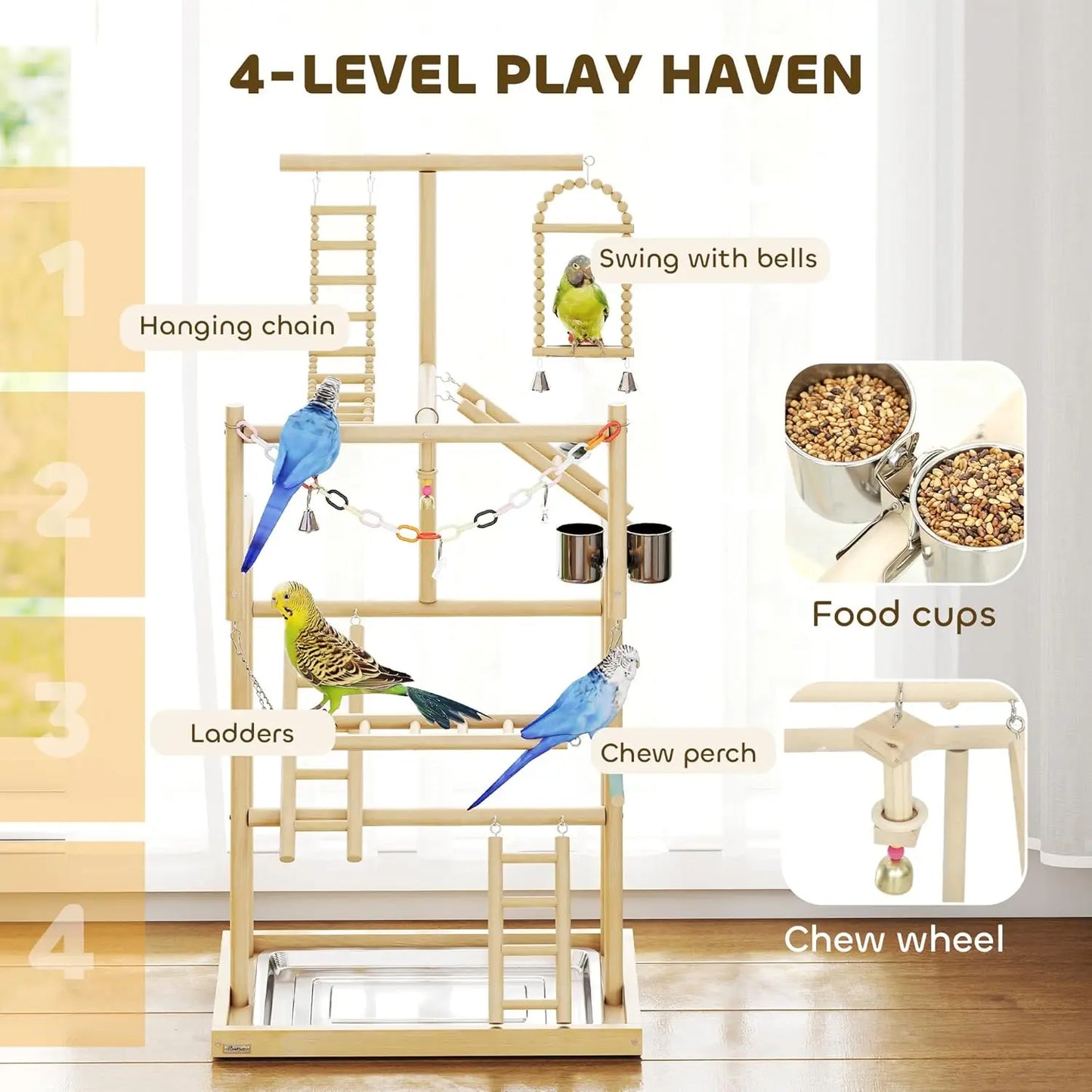 Bird Playground, 4 Layer Wooden Parrot Play Stand with Ladders, Chain Toy, Stainless Steel Cups and Tray, Bird Cage, Customized