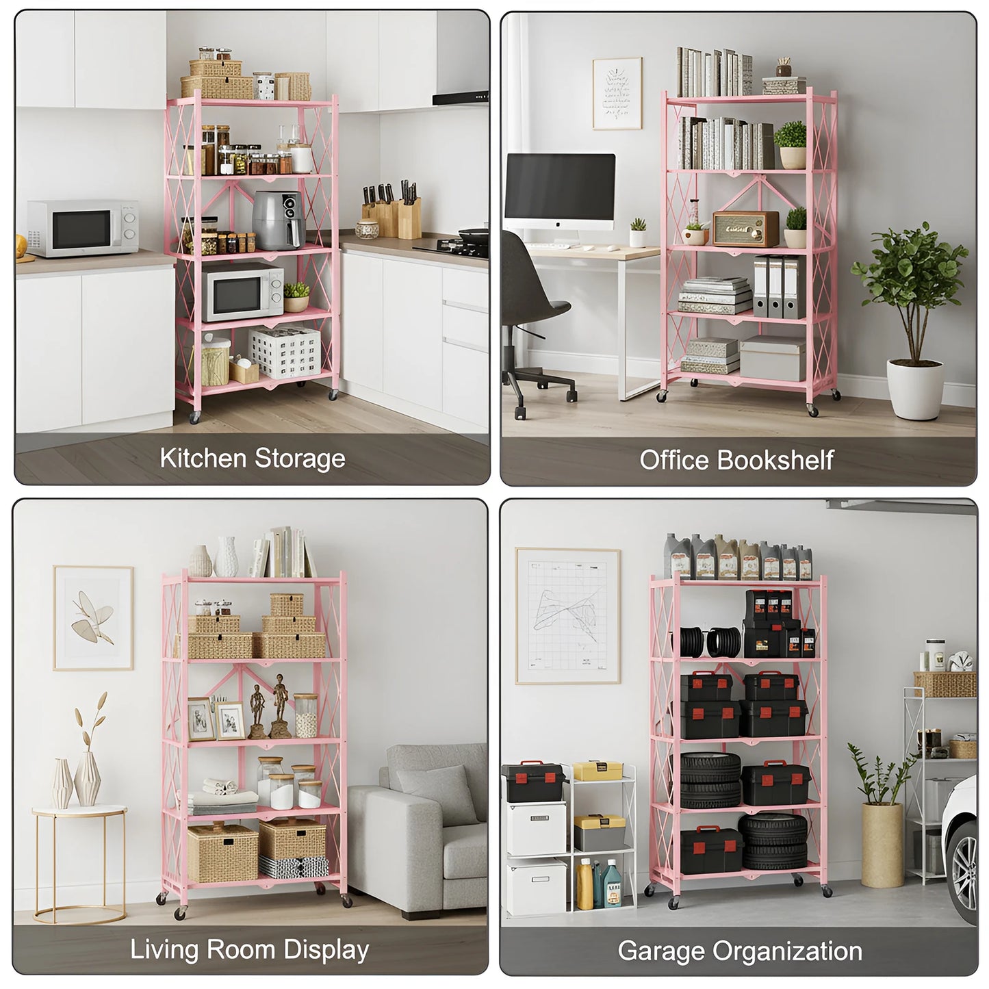 Five-Tier Foldable Storage Shelf Organizer With Wheels For Garage Kitchen