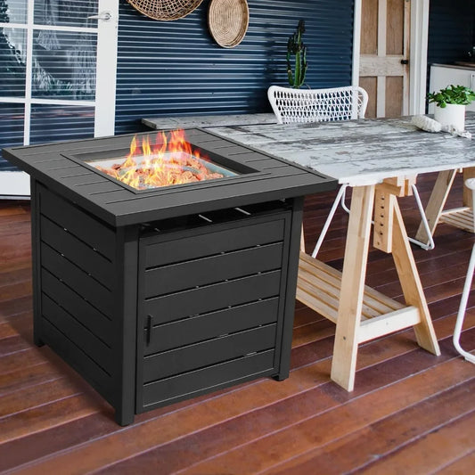 28 Inch Propane Fire Pit Table, Outdoor Gas Fire Pits with Lid & Lava Rock, 50000 BTU Firepit for Dinning, Party in Outside