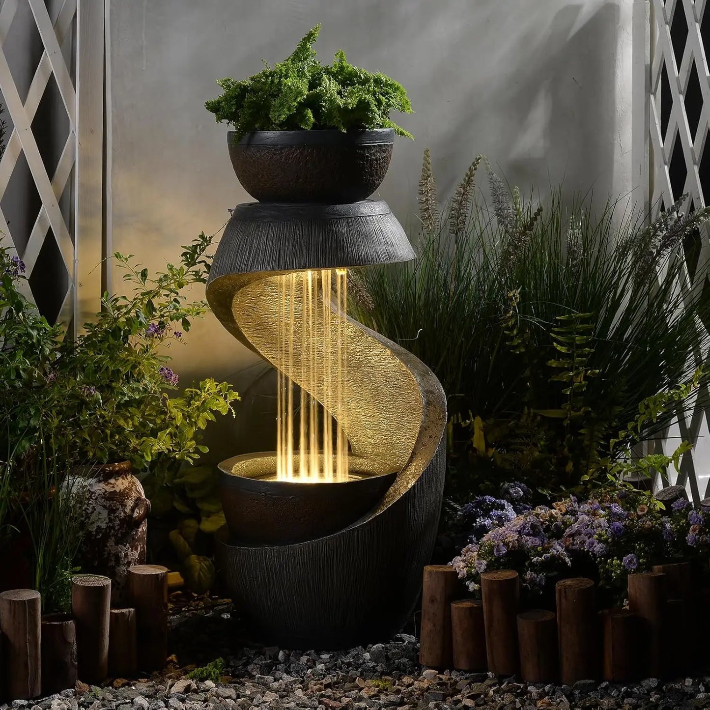 319 Inch S Shaped Outdoor Water Fountain Modern Cascading Waterfall Led Lights Planter Bowl Patio Balcony Yard Home Decor Resin