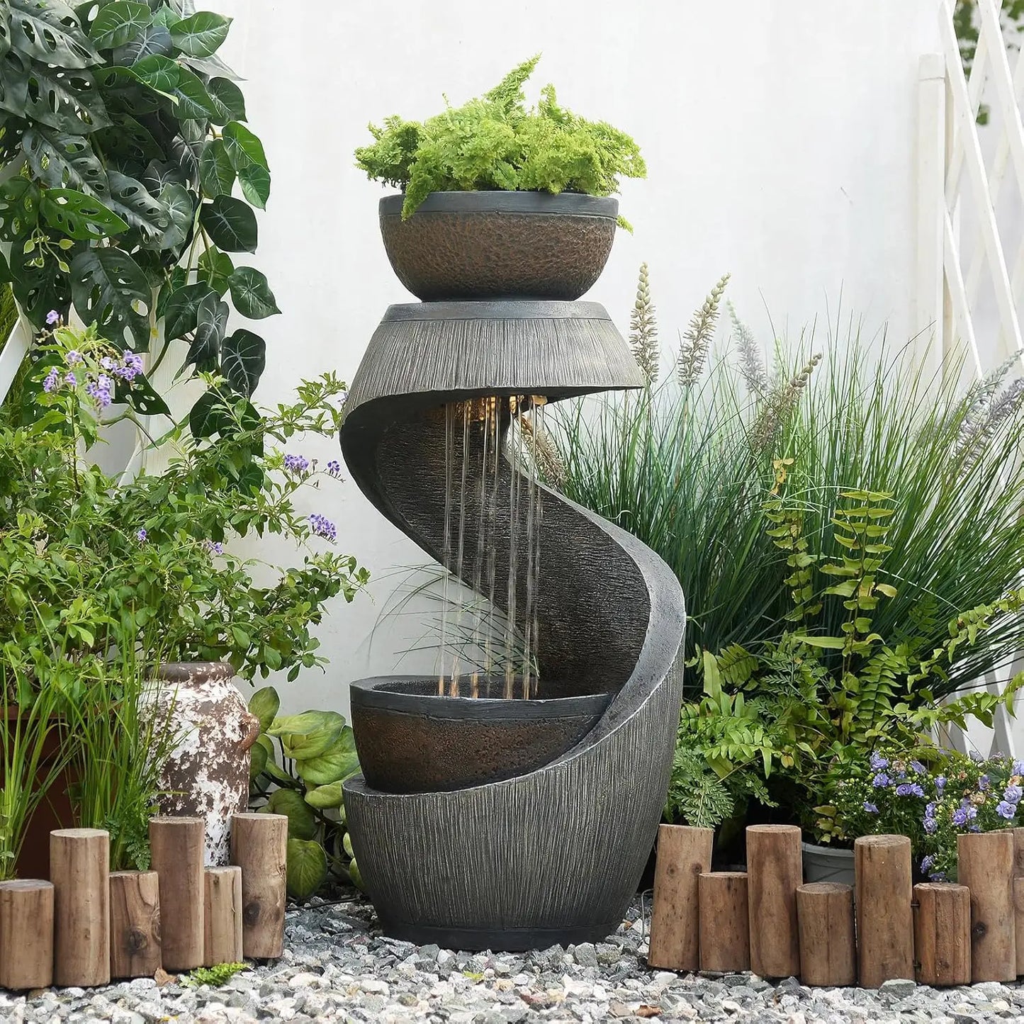 319 Inch S Shaped Outdoor Water Fountain Modern Cascading Waterfall Led Lights Planter Bowl Patio Balcony Yard Home Decor Resin