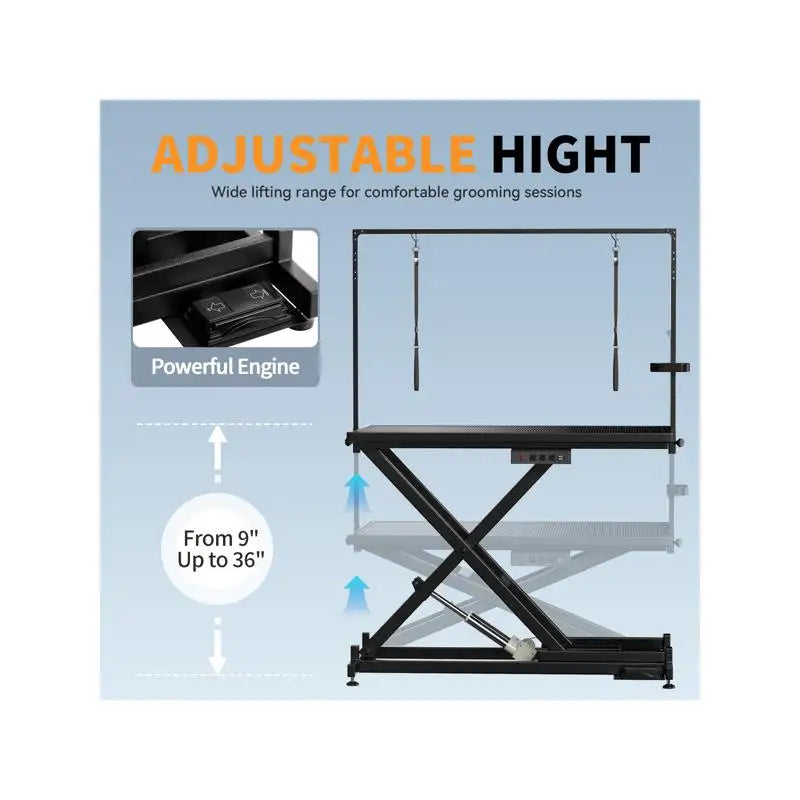 Heavy Duty Adjustable Electric Dog Grooming Table with Leveling Wheels, Anti-Slip Top, and Tool Organizer (50", Black)