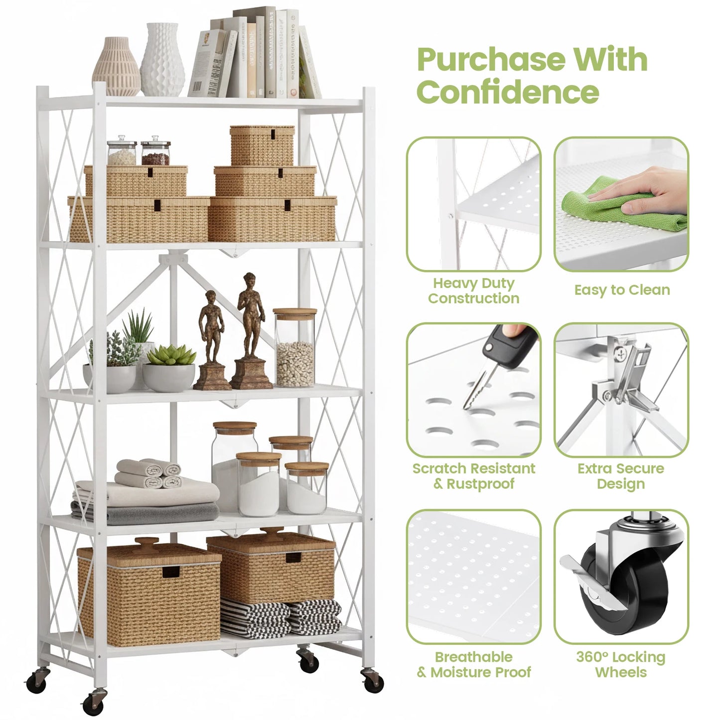 Five-Tier Foldable Storage Shelf Organizer With Wheels For Garage Kitchen