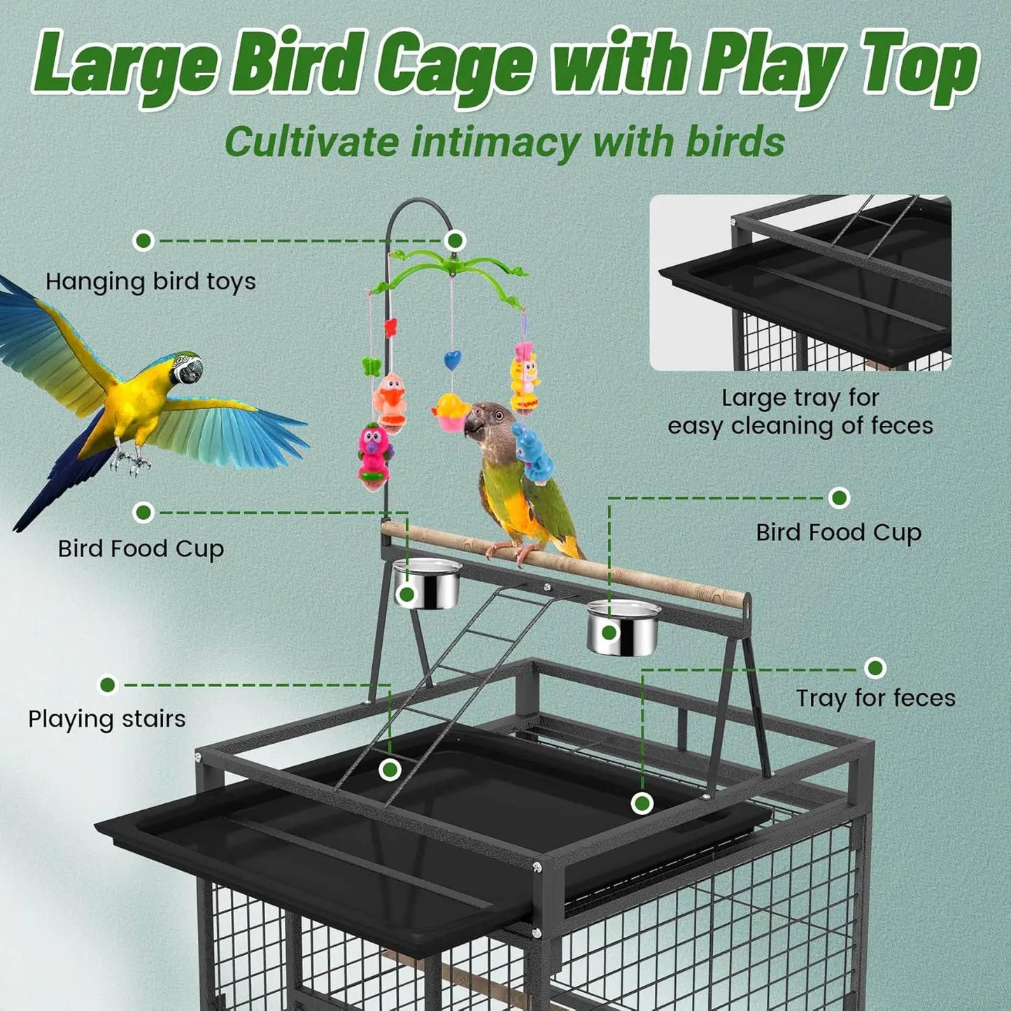 82 Inch Bird Cage, Bird Flight Cages with Rolling Stand & Bottom Tray, Wrought Iron Parrot Cage with