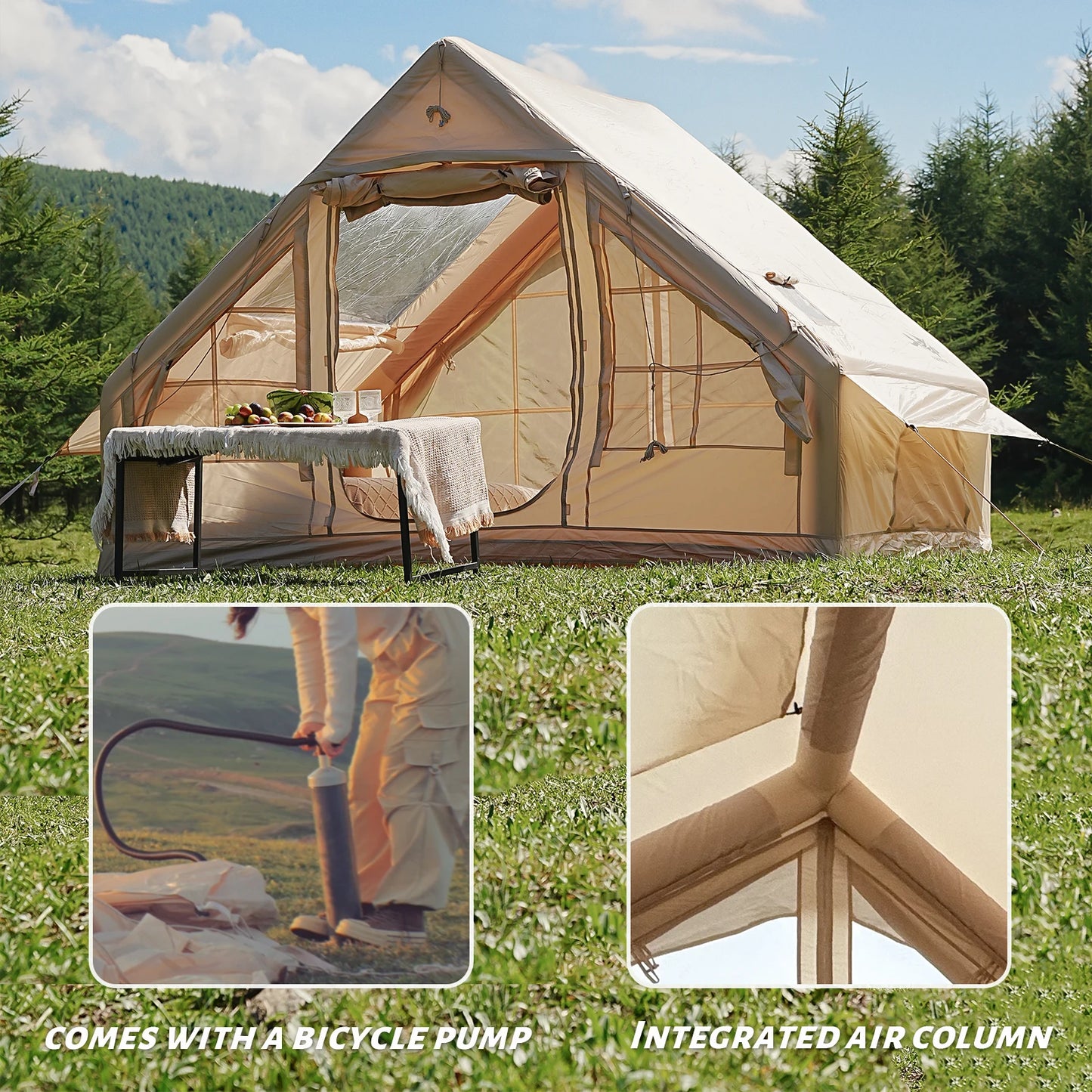 4-8 Person Inflatable Camping Tent - Quick-Setup Air Frame, 4-Season Waterproof Shelter with Stove Jack & Portable Design.