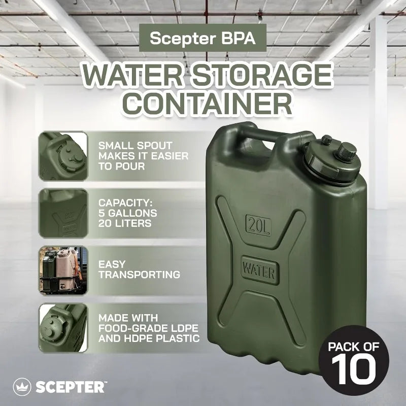 Scepter 10-Pack Portable Military Style Water Container for Camping & Outdoors, 5 Gallon, Green - Heavy-Duty Plastic Beverage