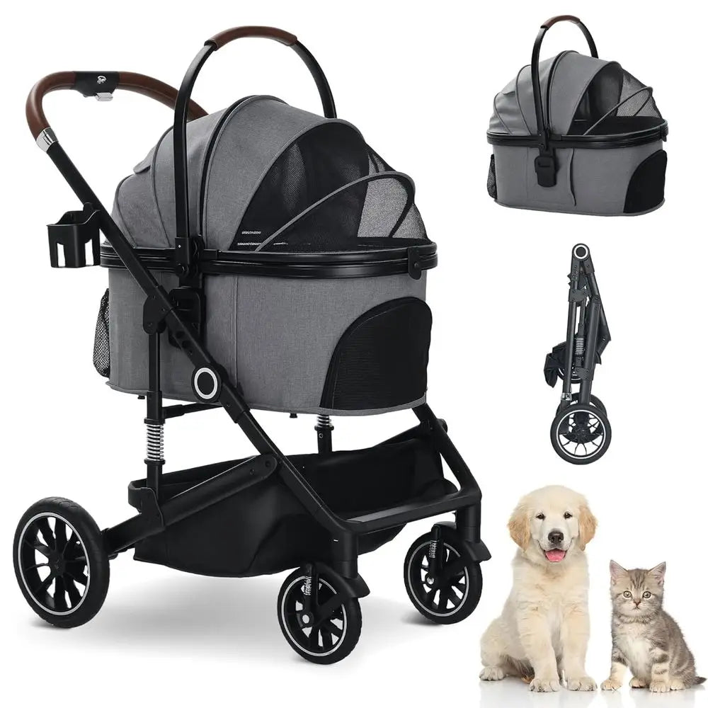 4-Wheel Folding Pet Stroller for Small/Medium Dogs & Cats up to 50lbs, Lightweight Travel Carrier with Detachable Cushion