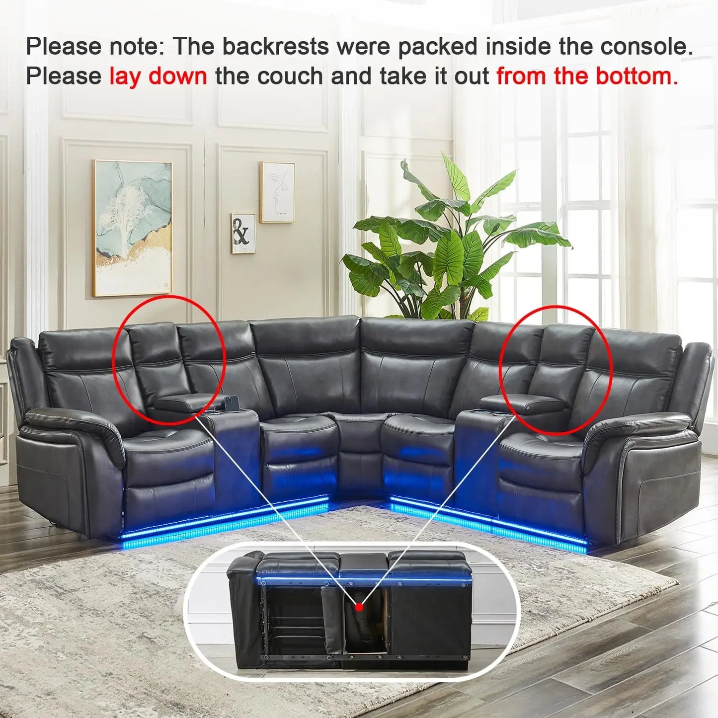 TODRANIC Power Recliner Sectional Sofa With USB LED Lights