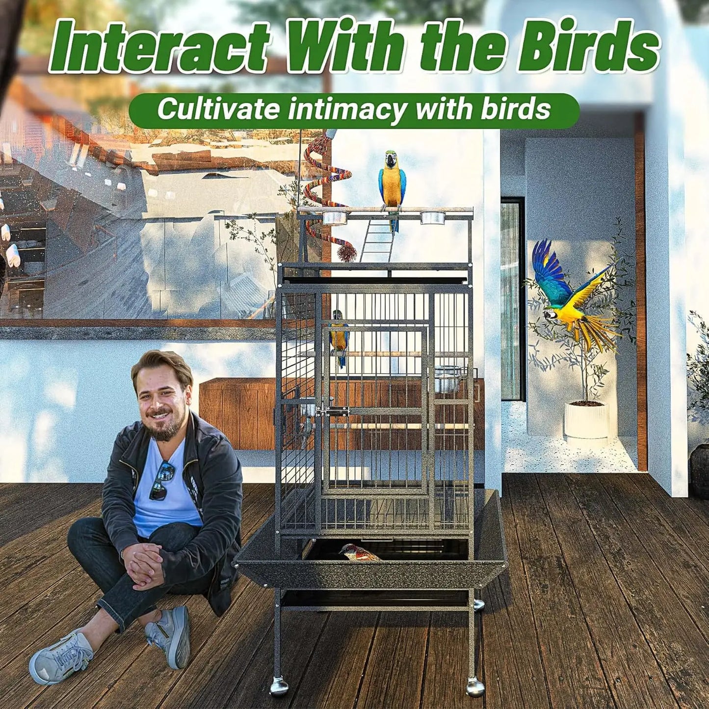 82 Inch Bird Cage, Bird Flight Cages with Rolling Stand & Bottom Tray, Wrought Iron Parrot Cage with